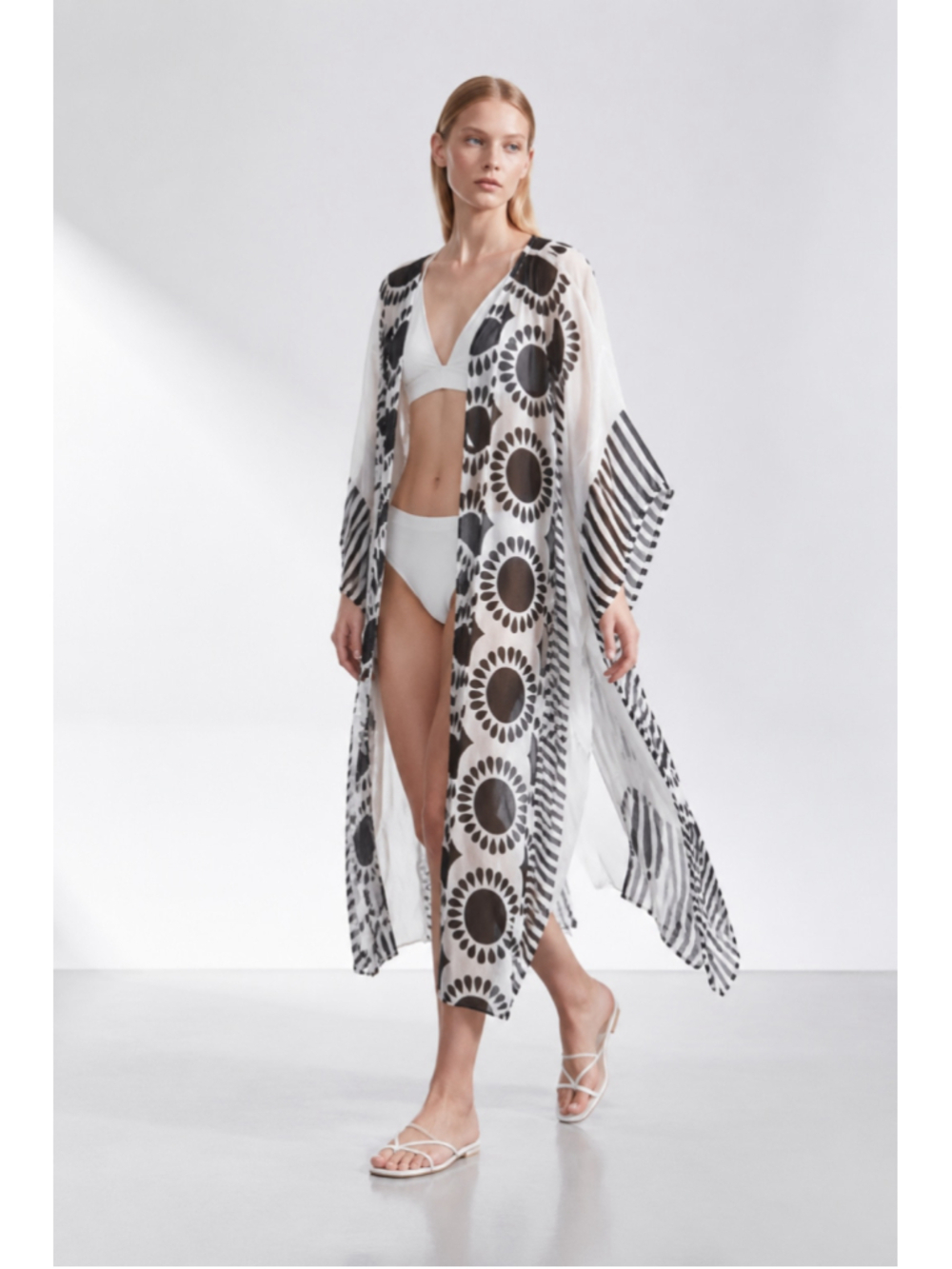 Boutique Swim Coverup Layering Kimono OneSize White Black Patterned Sheer Duster